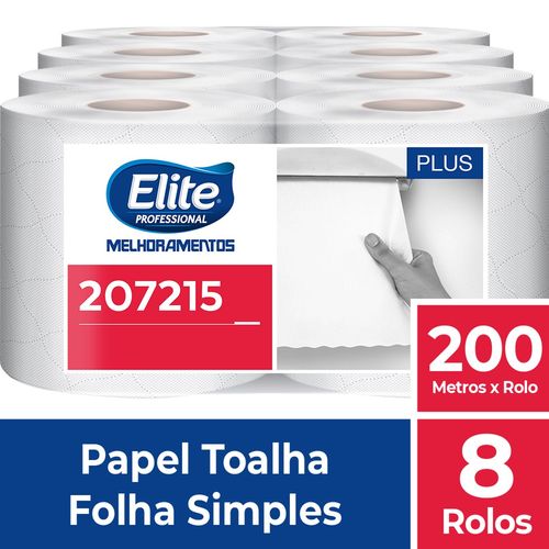 Papel Toalha Rolo Elite Folha Simples 8 Rolos 200 Metros